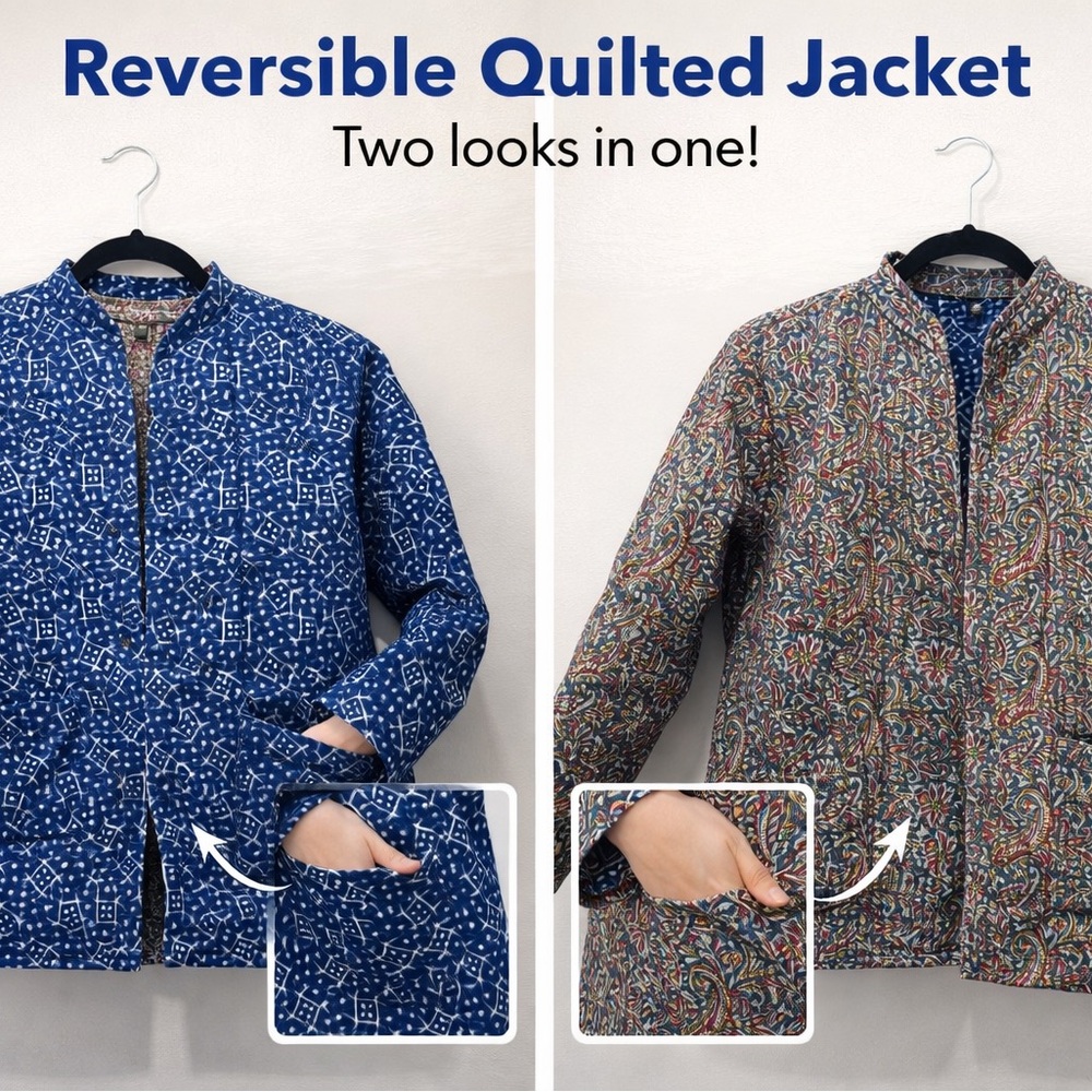 Reversible Quilted Handmade Jacket - Blue and Multicolor